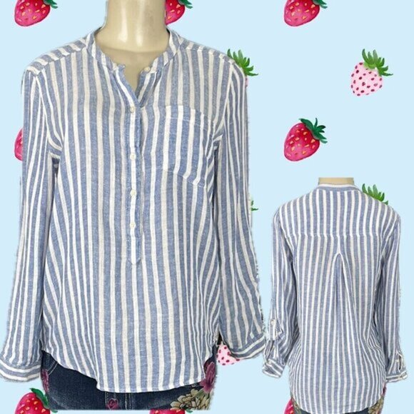 Lucky Brand S Vertical Striped Button Neckline Step-Hem Long Roll-Tab Sleeve Top - Picture 1 of 6